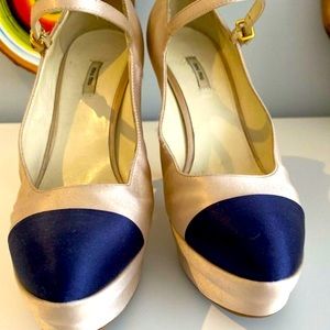Miu Miu Satin Mary Jane Cap Toe Platform Pumps — Ivory/Navy — size 36.5